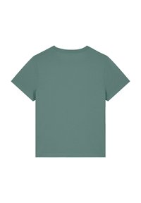 T-shirt à manches courtes en tissu vert pastel. Encolure ronde classique, texture lisse et un dos épuré sans caractéristiques visibles.