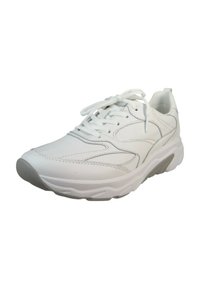 Witte sneakers met leren bovenwerk, gestructureerde zijkanten, gewatteerde kraag en vetersluiting. Heeft een stevige, grijze rubberen zool.