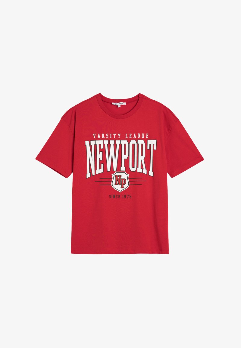 Red cotton t-shirt with short sleeves and a round neck. Features "NEWPORT" in bold white text and a shield logo with "NP" in red and white.
