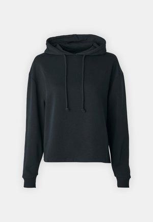 Hoodie noir avec cordon de serrage, manches larges et longues, et coupe décontractée. Fabriqué dans un matériau doux, il présente une poche kangourou et des poignets côtelés.