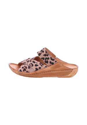 Leopard print sandals with two wide straps, crafted from soft material. Features a brown cushioned insole and a lightweight cork sole.
