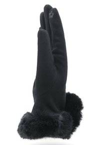 Guanti neri realizzati in un tessuto morbido con un polsino in pelliccia morbida. Presentano un design elegante e un accento in rilievo sulla parte superiore delle dita.