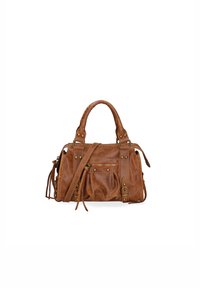 Borsa a mano in pelle marrone con forma strutturata, doppi manici, tracolla rimovibile, dettaglio con zip e accenti hardware decorativi.
