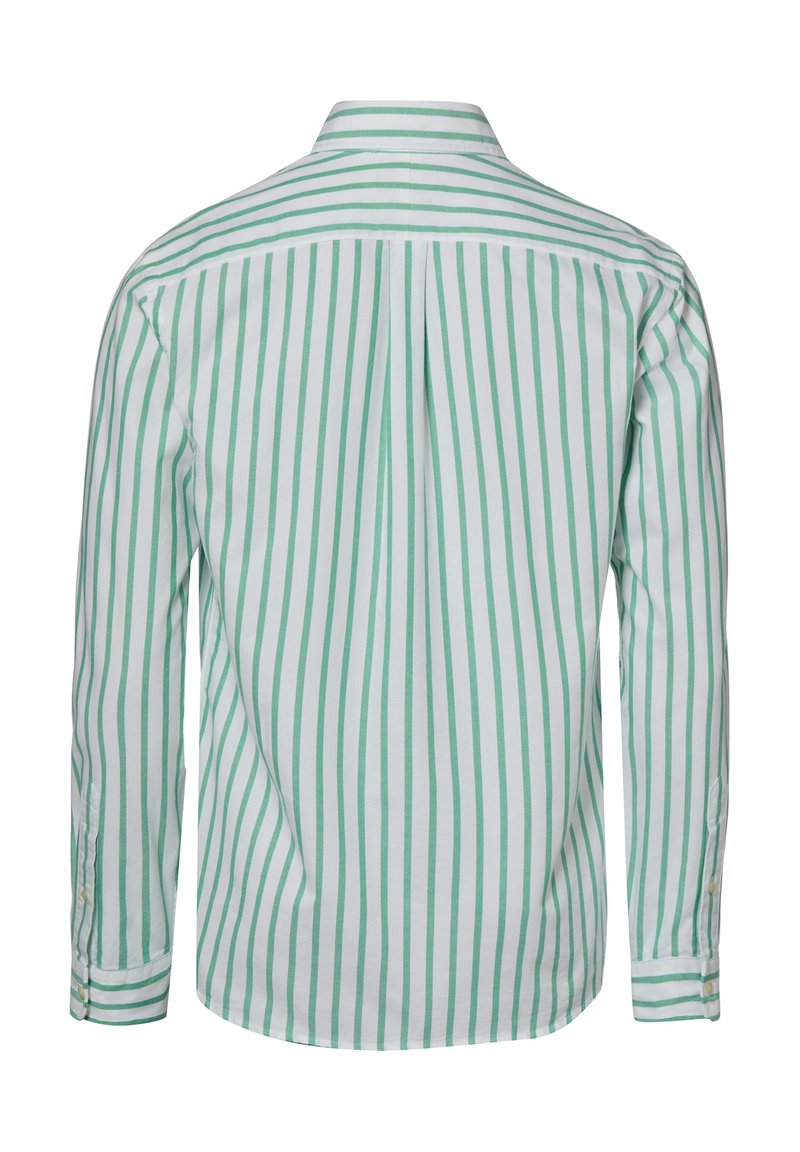 White long-sleeve shirt with vertical green stripes, buttoned cuffs, and a back yoke with horizontal green stripes across the shoulders.