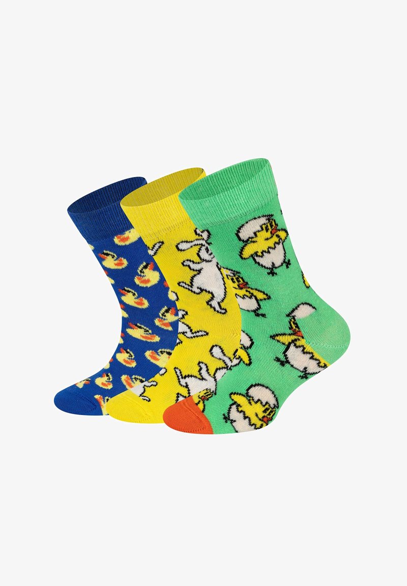 Trzy pary skarpetek w kolorze niebieskim, żółtym i zielonym, z wzorami w kaczuszki, króliczki i kurczaczki. Wykonane z miękkiego materiału z prążkowanymi mankietami.