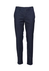 Pantalones de mezclilla azul oscuro con un diseño ajustado. Presentan un cierre de botón, pasadores para cinturón y una textura suave sin patrones ni adornos.