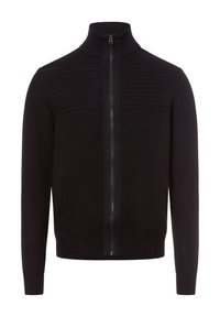 Schwarzer Reißverschluss-Pullover mit hohem Kragen, strukturiertem Strickdesign, einfarbigem Körper und gerippten Bündchen und Saum. Verfügt über subtile Stickdetails.