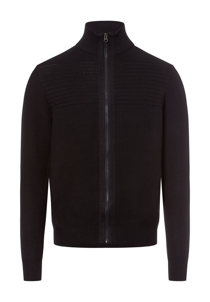 Schwarzer Reißverschluss-Pullover mit hohem Kragen, strukturiertem Strickdesign, einfarbigem Körper und gerippten Bündchen und Saum. Verfügt über subtile Stickdetails.