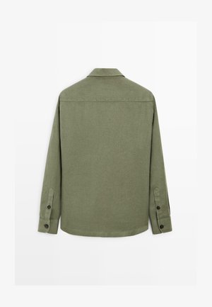 Olijfgroene blouse met lange mouwen, knoopmanchetten, uitgespreide kraag en effen rug.