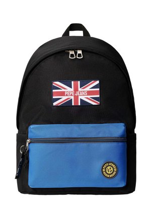 Black and blue Pepe Jeans backpack with Union Jack logo and front zip pocket displaying Pepe Jeans round patch.