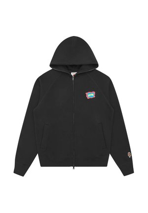 Zwarte hoodie met rits, voorzakken, kleurig rechthoekig logo op de borst, en een kleine ijs-patch op de linkermouwmanchet.