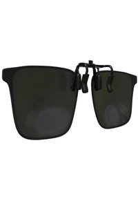 Black sunglasses with a rectangular shape, dark lenses, and a minimalist design. Features a clip for attachment and rubber ear grips.