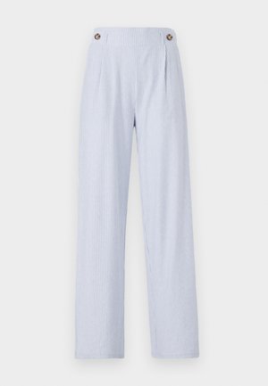 Light blue striped trousers with a wide-leg design, featuring two prominent buttons at the waistband and soft fabric texture.