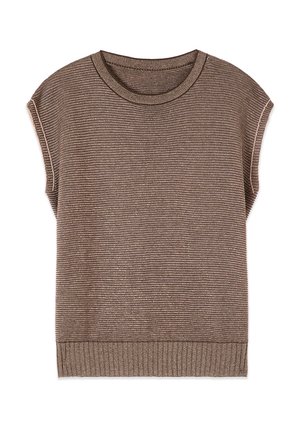 Ruskea ribbineulottu hihaton toppi pyöreällä pääntiellä ja leveällä helmalla, aseteltu tasaiselle valkoiselle taustalle.