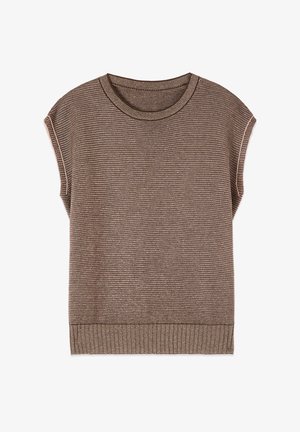 Ruskea ribbineulottu hihaton toppi pyöreällä pääntiellä ja leveällä helmalla, aseteltu tasaiselle valkoiselle taustalle.