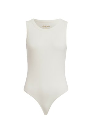 Body bianco a coste con scollatura rotonda e design senza maniche, caratterizzato da una forma aderente e un fondo a taglio alto.