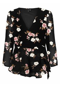 Sort indpakningstop med lange ærmer, der har et blomster mønster i hvidt og pink, samt en flæsekant. Lavet af let, gennemsigtigt materiale.