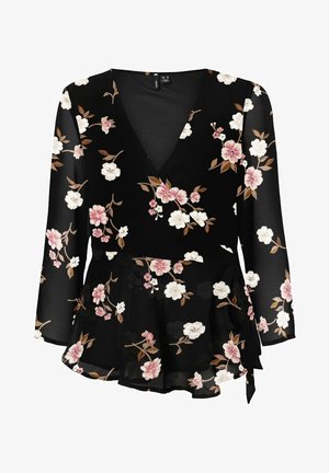 Top nero avvolgente con maniche lunghe, caratterizzato da un motivo floreale in bianco e rosa, e un orlo arricciato. Realizzato in materiale leggero e trasparente.
