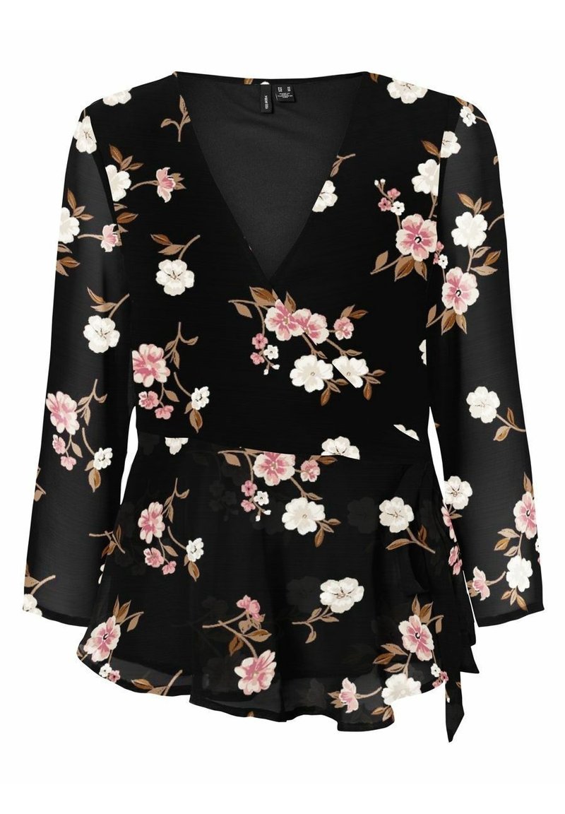 Sort indpakningstop med lange ærmer, der har et blomster mønster i hvidt og pink, samt en flæsekant. Lavet af let, gennemsigtigt materiale.