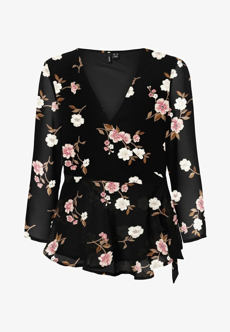 Top nero avvolgente con maniche lunghe, caratterizzato da un motivo floreale in bianco e rosa, e un orlo arricciato. Realizzato in materiale leggero e trasparente.