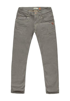 Grijze casual broek met meerdere voorzakken, ceintuurlussen en een knoopsluiting, afgebeeld op een witte achtergrond.