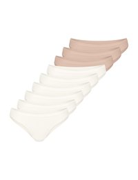 Satz von acht Unterwäschepaaren in zwei Farben: vier beige und vier weiß. Jedes Paar hat eine glatte Textur und ein bequemes Bunddesign.