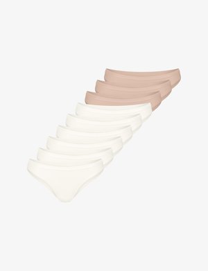 Ensemble de huit sous-vêtements en deux couleurs : quatre beiges et quatre blancs. Chaque pièce présente une texture lisse et une ceinture confortable.