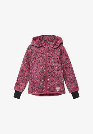 Rosa Jacke mit Blumenmuster und Reißverschluss, Kapuze, schwarze Bündchen und Herz-Logo-Detail am Saum. Weiche Stofftextur.