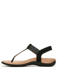 Infradito neri con una fascia nera testurizzata e un accento argento. Sottopiede imbottito marrone e suola in gomma per una buona aderenza.