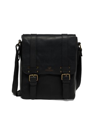 Black leather messenger bag with two front straps and brass hardware. Features a textured surface and adjustable shoulder strap.