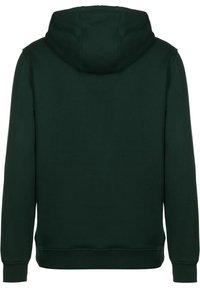 Sweat à capuche vert foncé à manches longues avec une capuche, des poignets côtelés et une ceinture côtelée, vu de dos sur fond blanc.