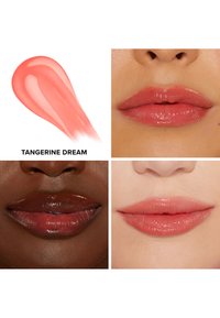 Koraal lipgloss met het label "Tangerine Dream," weergegeven in een swatch en op drie diverse lippen met een glanzende, soepele textuur en een natuurlijke finish.