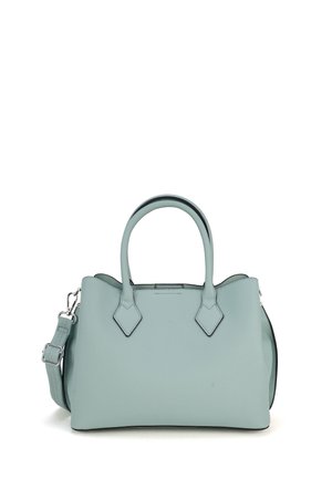 Lichtblauwe leren handtas met dubbele handvatten en verstelbare schouderband, rechthoekige vorm, minimalistisch ontwerp op een witte achtergrond.