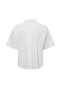 Witte short-sleeve shirt van linnen, met een kraag en verticale plooien aan de achterkant. Eenvoudig en lichtgewicht ontwerp.