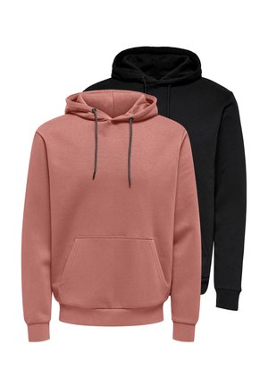 To ensfarvede hættetrøjer, den ene i støvet lyserød foran og den anden sort bagved, begge med forlommer og snore i hætten.