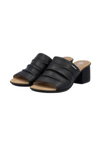 Black leather heeled mules featuring pleated design, open toe, and a durable block heel. Soft insole for comfort, with tan accents.