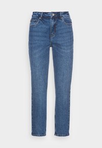 Blå denimjeans med rak passform, hög midja, framfickor och metallknäppning. Strukturerad tyg med subtila blekningar.