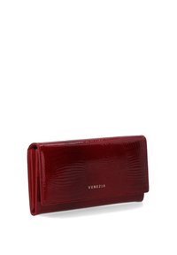 Red crocodile-embossed leather wallet with a glossy finish, featuring a flap closure and the brand name "VENEZIA" in gold lettering.