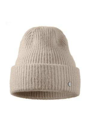 Beige pletená čepice s ribovanou texturou, ohrnutým lemem a malým stříbrným logem na boku. Vyrobeno z teplého, měkkého materiálu.