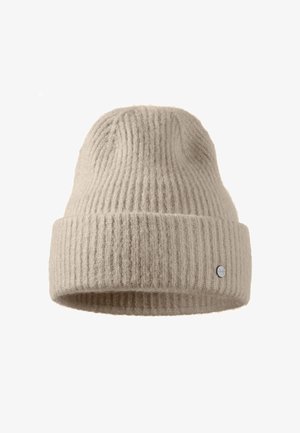 Beige knit beanie hat with ribbed texture, folded cuff, and a small silver logo accent on the side. Made from warm, soft material.