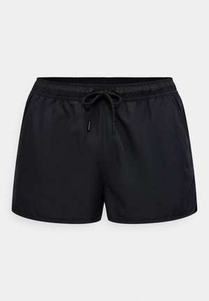 Sorte badeshorts med elastisk midjebånd og justerbar snor, med sidelommer og et enkelt, glatt stoffdesign.