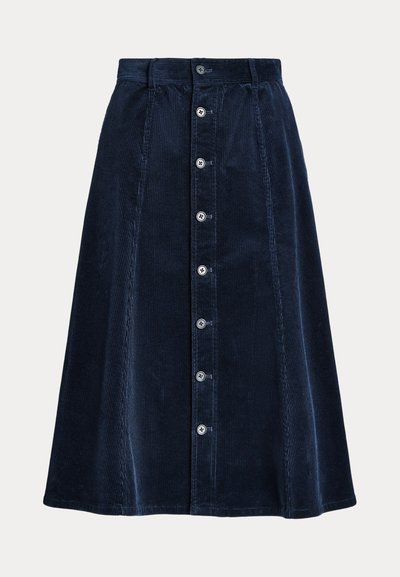 Marineblå corduroy-nederdel med en klokkeform, med frontknaplukning og lodret ribbet struktur. Mellemlang design med en glat kant.
