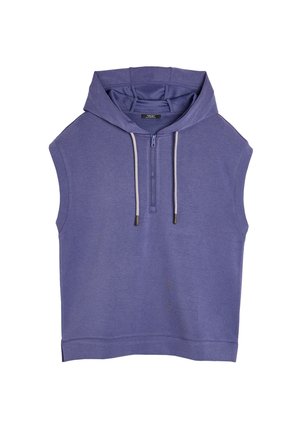 Fioletowa bezrękawnik z kapturem, z przednim zamkiem błyskawicznym i sznurkami, wykonany z miękkiego materiału. Charakteryzuje się luźnym krojem i ściągaczem na dolnym brzegu.