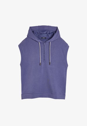 Fioletowa bezrękawnik z kapturem, z przednim zamkiem błyskawicznym i sznurkami, wykonany z miękkiego materiału. Charakteryzuje się luźnym krojem i ściągaczem na dolnym brzegu.