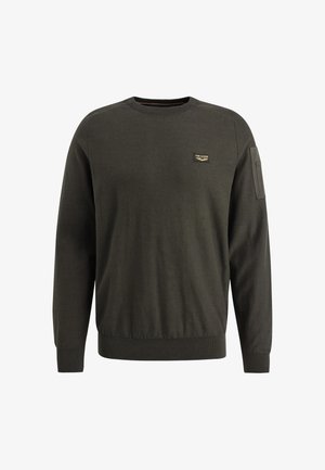 Tmavě zelená mikina s dlouhými rukávy, kulatým výstřihem, žebrovanými manžetami a lemem, s malou nášivkou na hrudi a boční kapsou na rukávu.