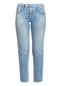 Hellblaue Denim-Jeans mit Slim-Fit; ausgestattet mit fünf Taschen, Gürtelschlaufen und subtilen Auswaschungen im gesamten Stoff.