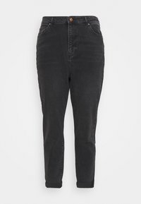 Hochtaillierte schwarze Denim-Jeans mit schmal zulaufendem Bein, ausgestattet mit einem einzelnen vorderen Knopf, Gürtelschlaufen und umgeschlagenen Säumen. Glatte Textur, keine Muster.