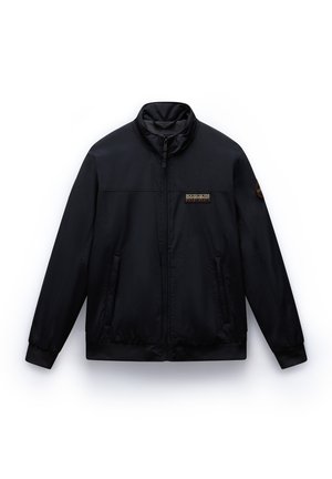 Black windbreaker jacket with a high collar, front zip closure, side pockets, and logo patch on the chest and sleeve. Smooth fabric texture.