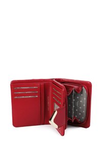 Red leather wallet with multiple card slots, a clear ID window, and a zippered compartment, featuring a polka dot inner lining.