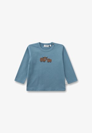 Blaues langärmeliges Baumwollhemd mit braunem gesticktem Design von zwei Tieren auf der Vorderseite, mit Rundhalsausschnitt und Druckknopf an der Schulter.